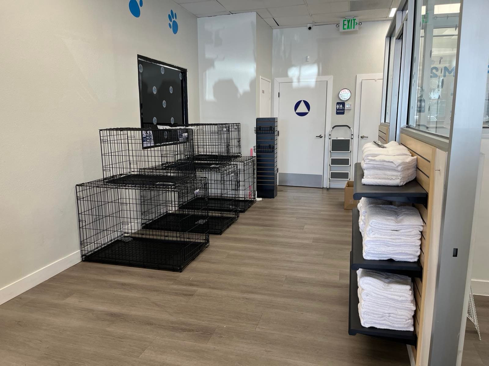 DOGWOW Huntington Beach interior showing folded towels on shelving and dog crates with blue paw print wall decor